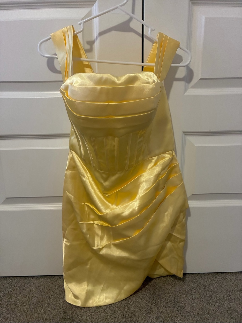 Yellow Satin Homecoming Dress - Pleated Bodice
